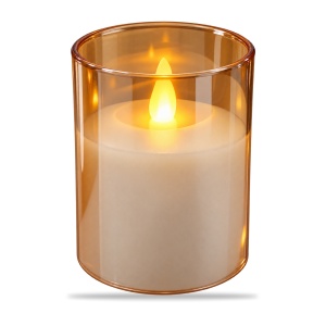 Lumânare LED decorativă în pahar de sticlă chihlimbarie, 7,5 x 10 cm, baterii AAA - Img 2