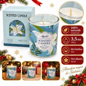 Lumânare parfumată de Crăciun, din soia, aroma florala, în recipient de sticlă turcoaz, 100g - Img 2