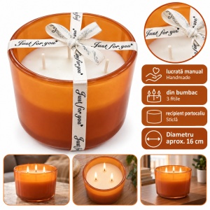 Lumânare parfumată decorativă handmade, recipient din sticlă portocalie, 3 fitile, 9,5 cm