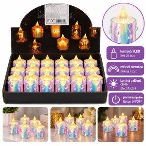 Lumânări LED decorative, set 24 bucăți, finisaj irizat, 7,5 × 4 cm