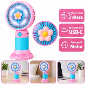 Mini ventilator de mână, reîncărcabil USB-C, 3 trepte de viteză, model floare, roz și turcoaz - Img 2