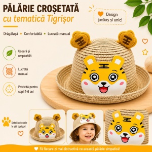 Palarie crosetata copii cu tigrisor vesel, crem, lucrata manual - Img 2