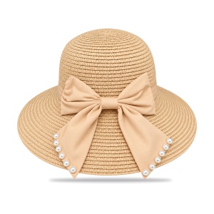 Pălărie de Plajă Maro cu Fundă Elegantă și Perle – Damă