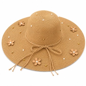 Palarie de Soare Bej cu Flori Decorative si Perlute pentru Plaja si Vacante