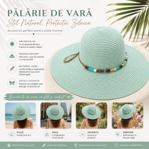 Pălărie de Soare Damă Verde Mentă cu Bor Lat și Mărgele Decorative - Img 2