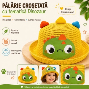 Palarie galbena copii cu dinozaur verde, crosetata manual, bumbac - Img 2