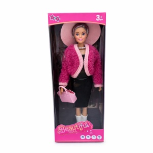 Papusa fashion cu accesorii, tinuta eleganta, palarie si geanta, roz, 32.5 cm
