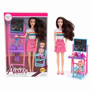 Papusa profesoara cu bebelus si accesorii scoala, set joaca educativ, 32 cm