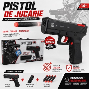 Pistol de Jucărie cu Gloanțe din Spumă – Tragere Automată, Încărcător, 14+