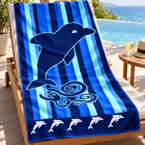 Prosop de Plajă cu Delfin, Design Albastru cu Dungi – pentru Plajă și Piscină - Img 3