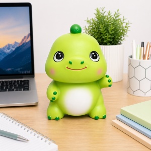 Pușculiță dinozaur verde 20 cm – cutie economii cu capac inferior, design vesel pentru copii - Img 4