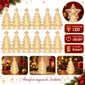Set 12 brăduți decorativi LED de Crăciun cu sclipici auriu, din plastic, 14,5x7,5 cm