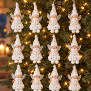 Set 12 bucăți ornamente brad îngerași din pluș cu aripi argintii sclipitoare, 20×8 cm - Img 3