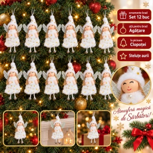 Set 12 bucăți ornamente de brad înger de Crăciun, cu clopoței, blăniță albă, 15x8 cm
