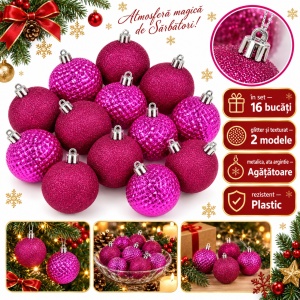 Set 16 globulețe de Crăciun roz fucsia, 2 modele, plastic, cutie 33x17 cm