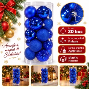 Set 20 buc globuri albastre, modele asortate, plastic, agățătoare argintie, tub aprox. 60 × 25 cm