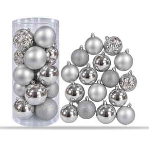 Set 20 globuri de Crăciun argintii, plastic, 4 finisaje, agățătoare incluse, tub 46x18 cm - Img 2