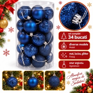 Set 34 globuri de Crăciun albastru închis, modele diverse, mate, lucioase, sclipici, 41x23 cm
