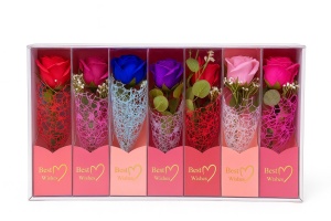 Set 7 trandafiri decorativi cu LED, in cutie Best Wishes, 26x7 cm, cadou elegant