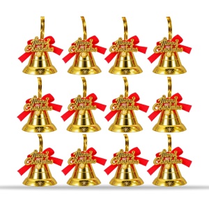 Set 9 buc Clopoței aurii de brad, fundiță roșie, plastic și PVC, 3,5 cm, aprox. 5,5×5,5 cm - Img 3