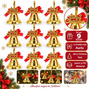 Set 9 buc Clopoței aurii de brad, fundiță roșie, plastic și PVC, 3,5 cm, aprox. 5,5×5,5 cm - Img 6