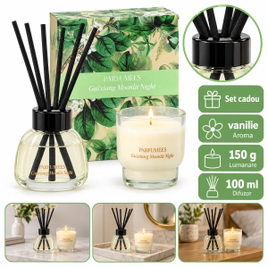 Set aromaterapie cu lumânare parfumată și difuzor cu bețișoare, aromă vanilie, verde, 24 x 16 cm