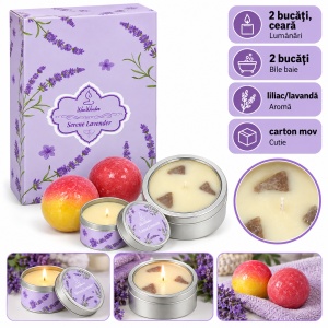 Set cadou Wax Wonder cu lumânări parfumate și bile de baie, aromă lavandă, 20,5x14 cm