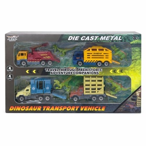 Set cu 4 masinute die cast metal cu dinozauri, 13.5 cm