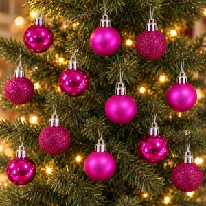 Set de 12 globulete de brad, fucsia , din plastic, modele diverse in set, 3 cm - Img 8