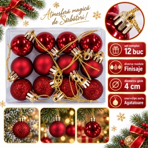 Set de 12 globulete de Craciun, bordo, din plastic, modele diverse in set, 3 cm - Img 2