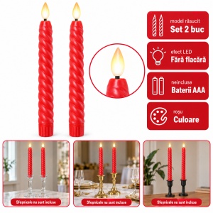 Set de 2 Lumânări LED cu efect de flacara realist, model răsucit, rosu, 25cm