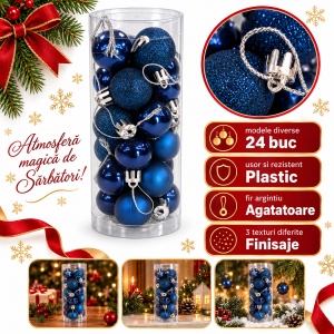 Set de 24 globuri de brad, albastru inchis, din plastic, modele diverse, 20 × 7,5 cm - Img 2