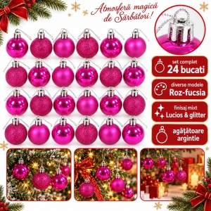 Set de 24 globuri de brad roz-fucsia, modele diverse, din plastic 21 × 9 cm