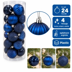 Set de 24 globuri de Craciun, albastre, modele asortate in set, din plastic, 50 × 16 cm