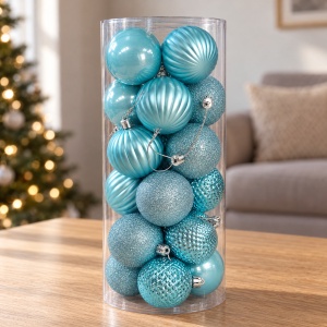 Set de 24 globuri pentru brad, din plastic, albastru deschis, modele diverse, 40 × 17 cm - Img 3