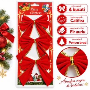 Set de 3 fundițe de Crăciun pentru brad, catifea roșie cu auriu, 28,5 x 13 cm