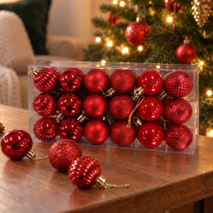 Set de 36 globulețe de brad roșii, modele diverse, din plastic, cu agățătoare aurie, 29 × 15 cm - Img 4