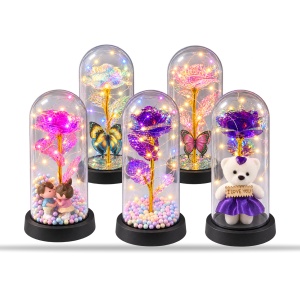 Set de 5 Cupole cu trandafir artificial și lumini LED, modele aleatorii , din plastic - Img 3