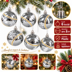 Set de 6 globuri de Crăciun argintii, din plastic, model cu brăduți și fulgi cu sclipici, 7cm