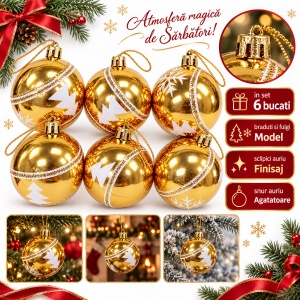 Set de 6 globuri de Crăciun aurii, din plastic, model brăduți și fulgi albi cu sclipici, 22 x 15 cm - Img 2