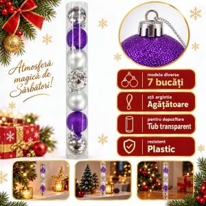 Set de 7 globuri pentru brad, din plastic, argintiu și mov, modele diverse in set, 48×6 cm - Img 2