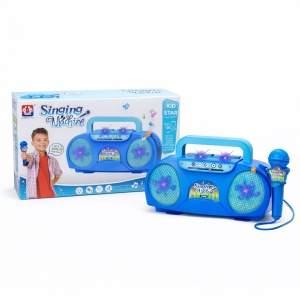 Sistem karaoke pentru copii cu microfon, lumini si muzica, model retro albastru