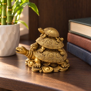 Statuetă Feng Shui cu 3 broaște țestoase pe monede, rășină aurie, aprox. 11 × 7,5 cm - Img 3