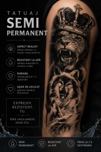 Tatuaj Temporar Semipermanent Leu și Lupi Realistici 45 cm – Rezistent la Apă - Img 2