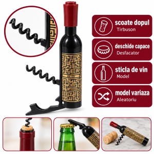 Tirbuson si desfacator sticle, model aleatoriu in forma de sticla de vin, 10 cm