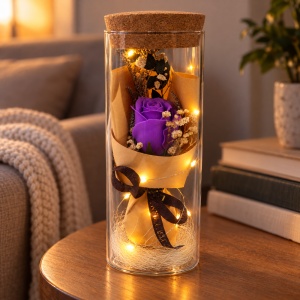 Trandafir mov de săpun în cupolă de sticlă cu lumini LED, buton ON/OFF, 25 cm - Img 3