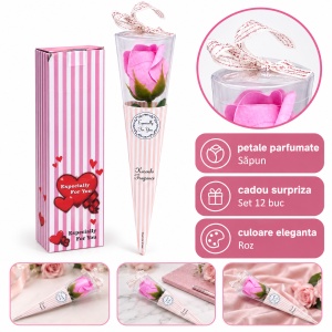 Trandafir roz artificial, in cutie cadou transparentă cu funda, 25cm