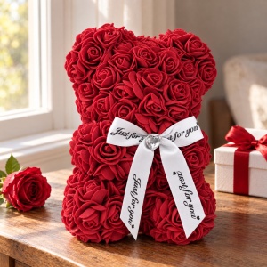 Ursuleț din trandafiri artificiali bordo, cu fundă albă „Just for you” - Img 3