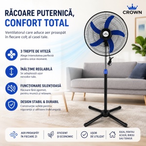 Ventilator cu picior reglabil 55W, 62x17x50,5 cm, 220V, 50Hz, 3 viteze, Funcționare silențioasă - Img 2