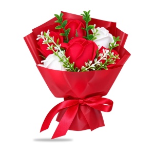 Aranjament cu buchet de trandafiri roșii și albi, cutie cadou cu fundă satinată, 25cm - Img 2